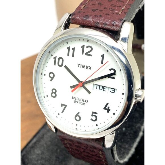 Timex Men's Watch T20041 Quartz Indiglo White Dial Day Date Leather Strap 35mm - Picture 1 of 14